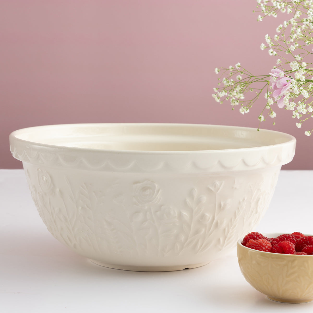 Mason Cash In The Meadow transparent mixing bowl with floral pattern and sturdy ceramic design for baking or cooking.