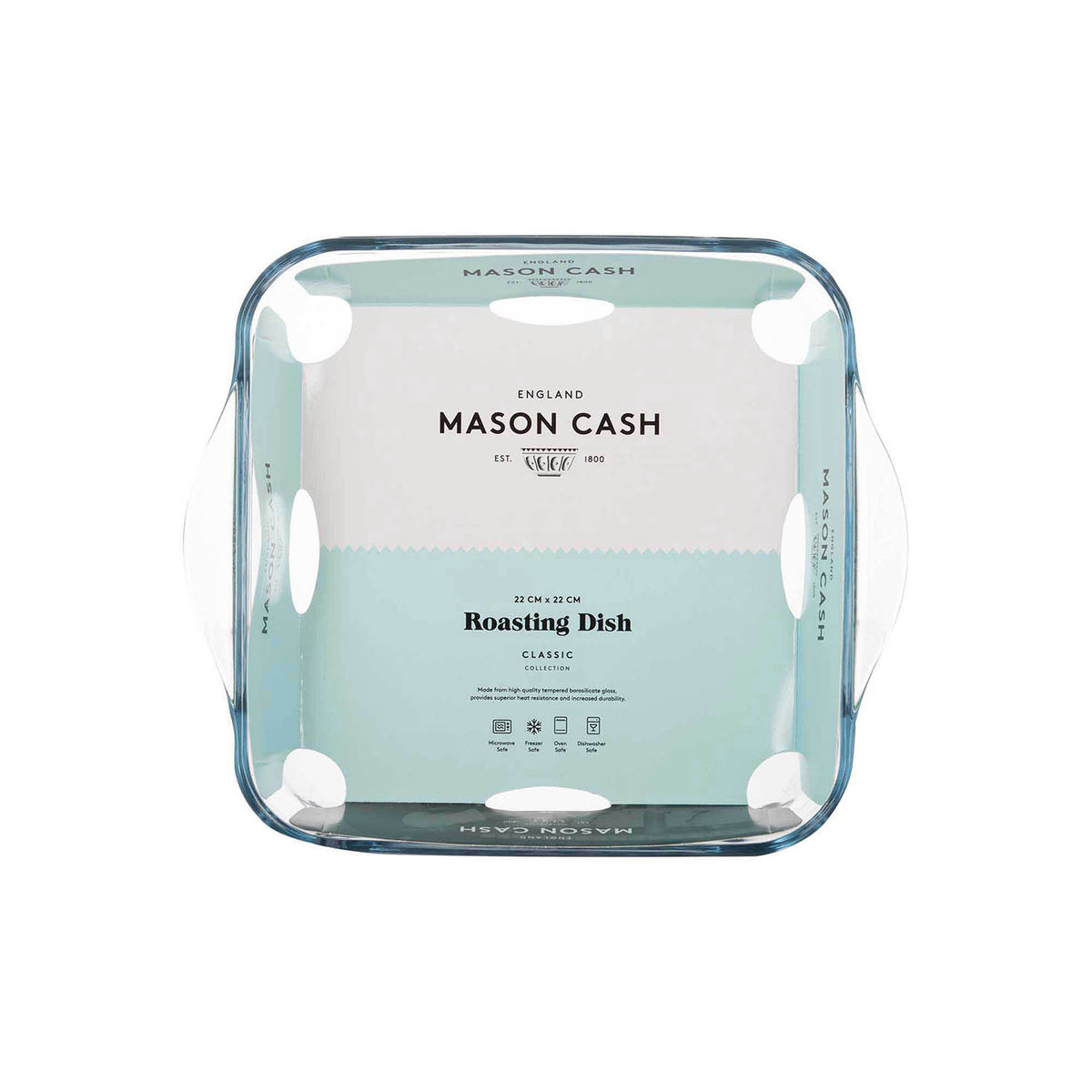 Rectangular MASON CASH Classic glass baking dish for casseroles and roasting, clear and durable for oven use.