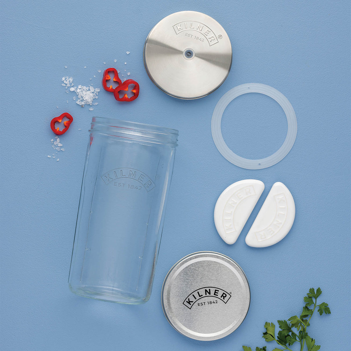 Small 1L Kilner fermenting jar with secure lid, ideal for home fermentation and preserving vegetables or beverages.