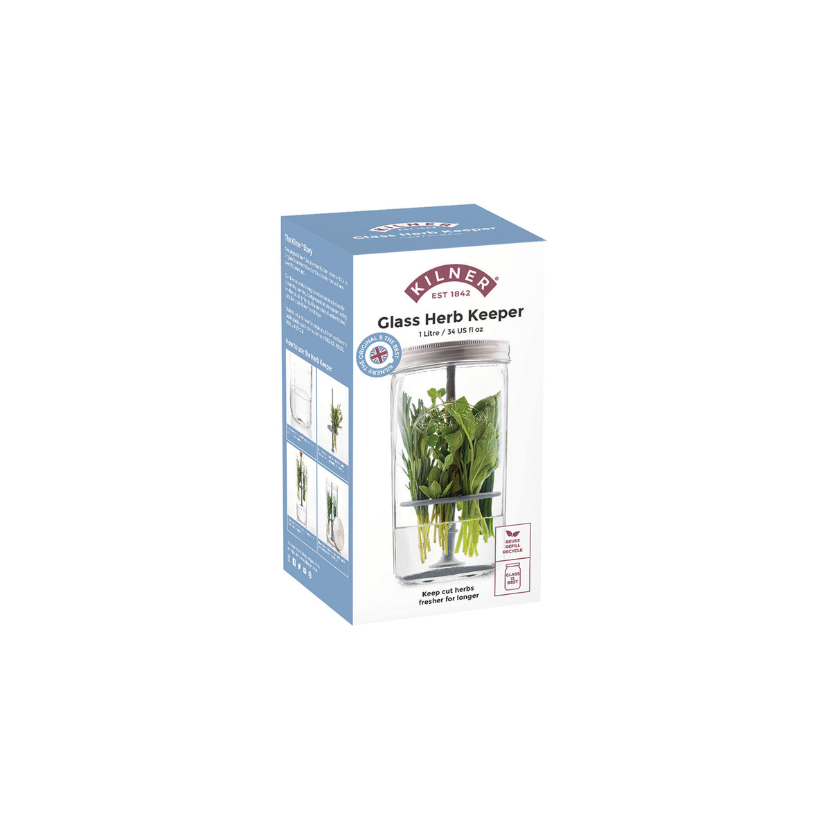 KILNER Kräuter-Frischhalteglas, 1 L, glass jar with fresh herbs inside, ideal for storing herbs and preserving flavors.