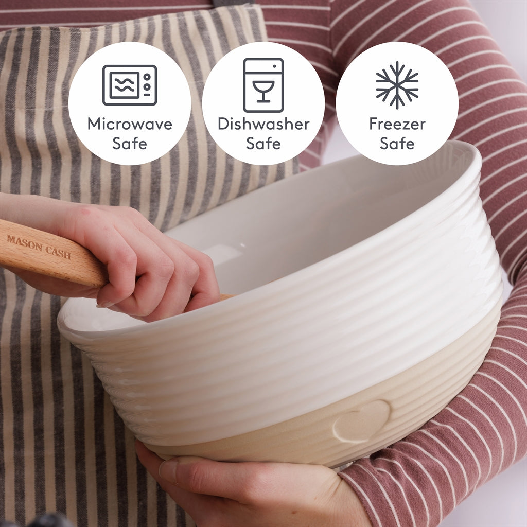 Beige Mason Cash Rustic Charm mixing bowl with 2.7-liter capacity, sturdy ceramic kitchenware for baking and prep.