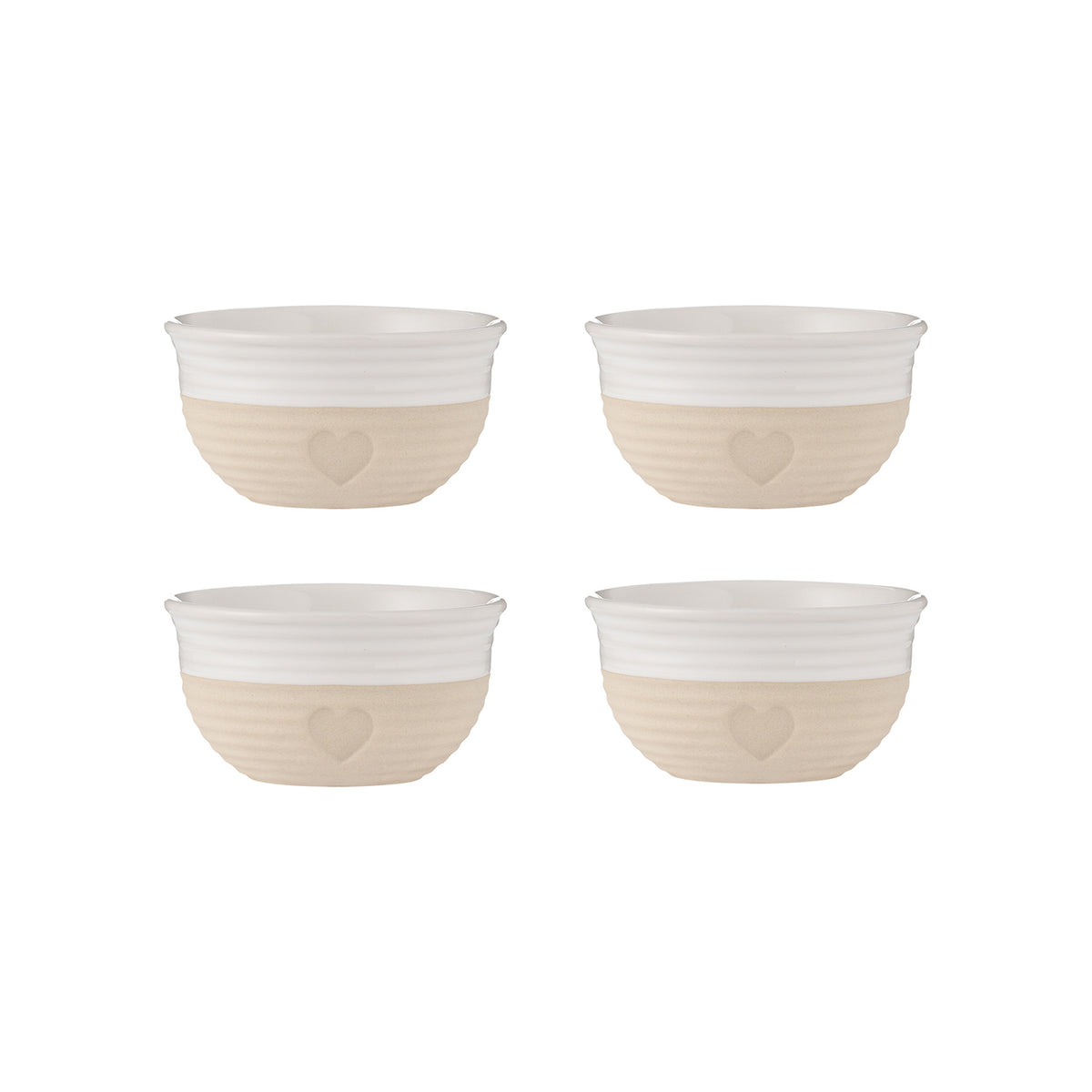 Set of four beige Mason Cash rustic charm bowls with a classic, handcrafted design for serving and mixing.