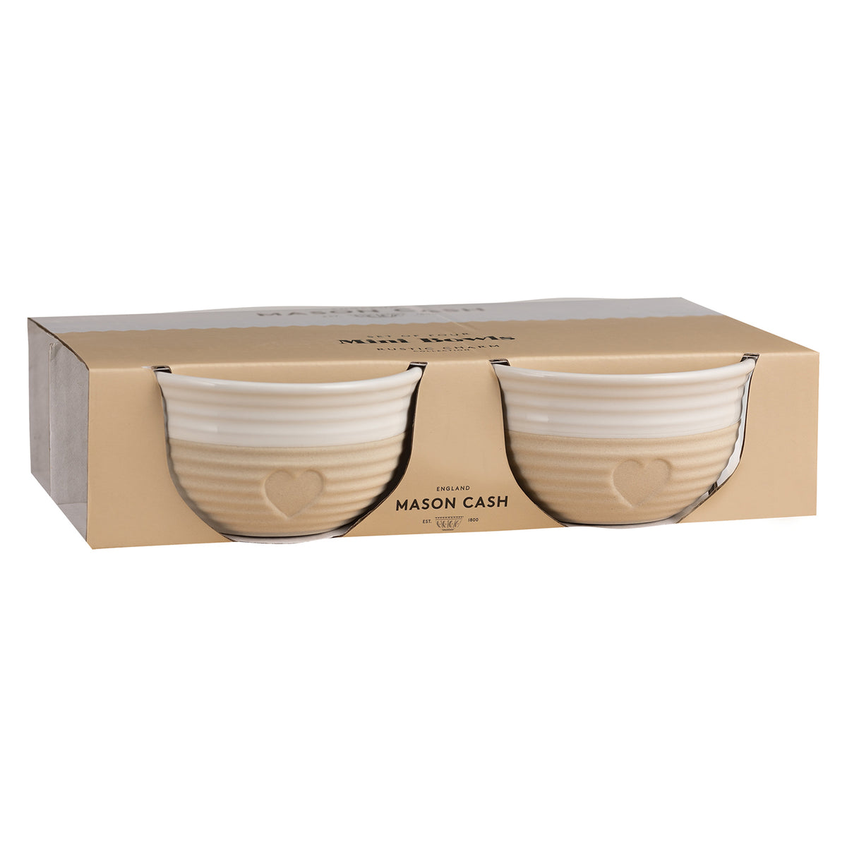 Set of four Mason Cash rustic beige bowls with a charming, traditional design for versatile kitchen use.