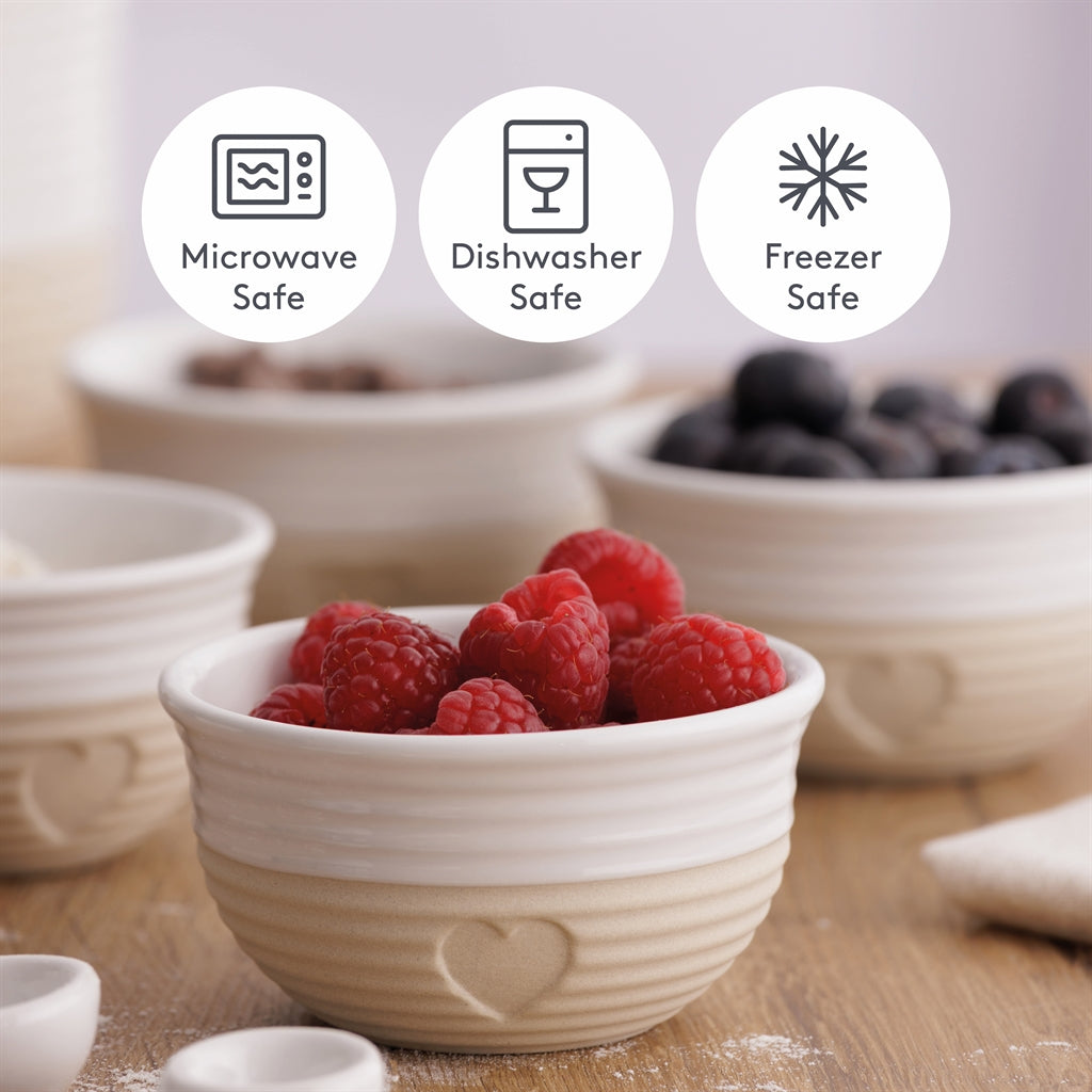 Set of four Mason Cash Rustic Charm beige bowls, ceramic kitchenware with a rustic design, suitable for serving or mixing.