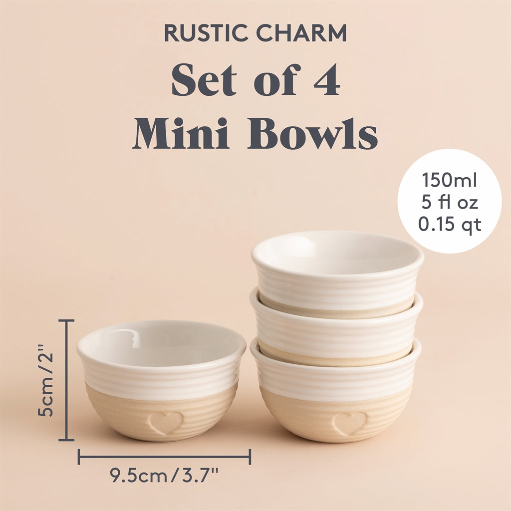Set of four beige Mason Cash rustic charm bowls with a classic, textured design, perfect for serving or mixing in the kitchen.