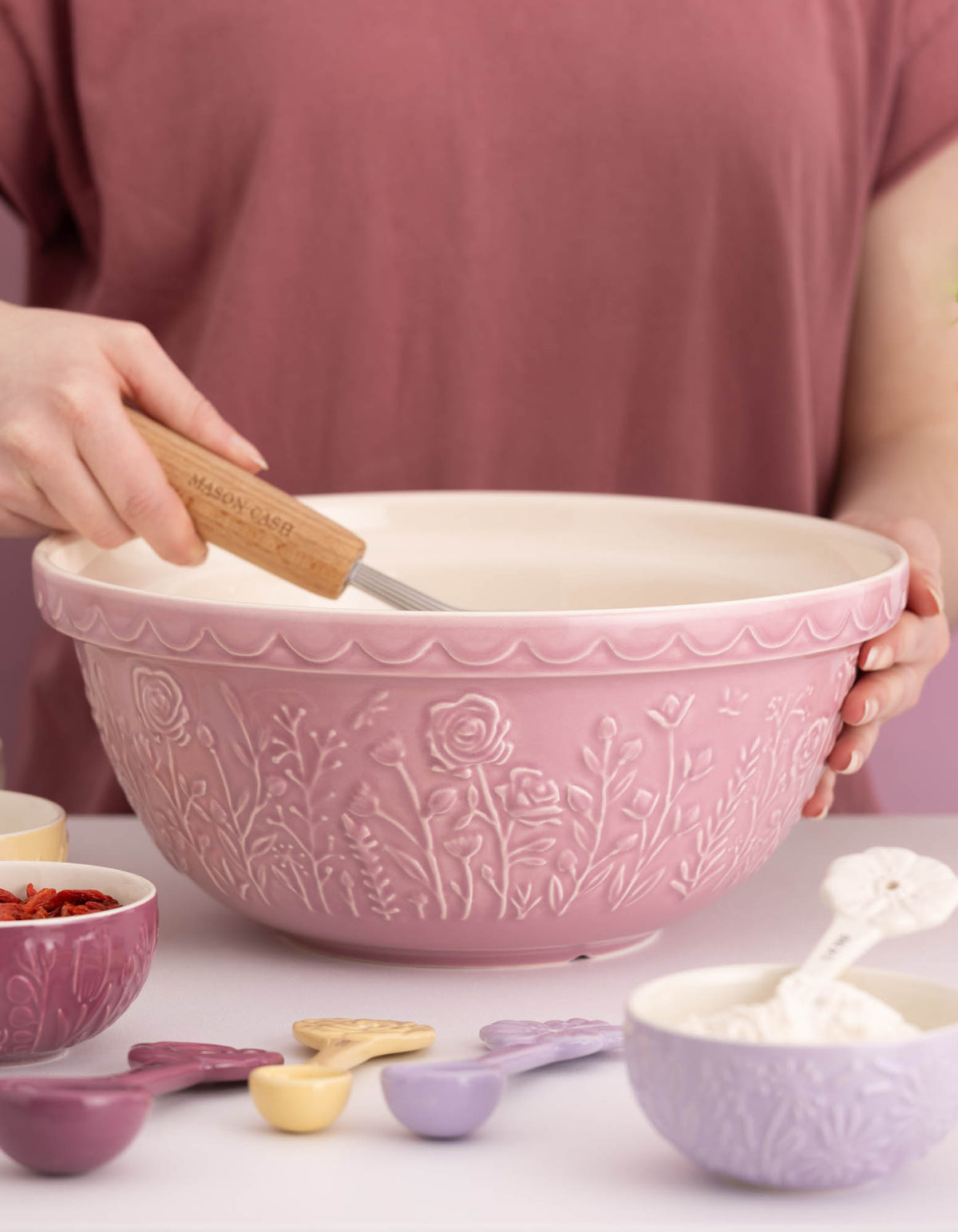 Transparent Mason Cash mixing bowl with floral meadow design, large and durable for baking and kitchen use.