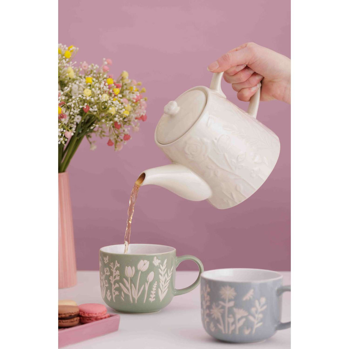 Mason Cash In The Meadow white teapot with 2 matching teacups, decorated with floral meadow design, ceramic tea set.