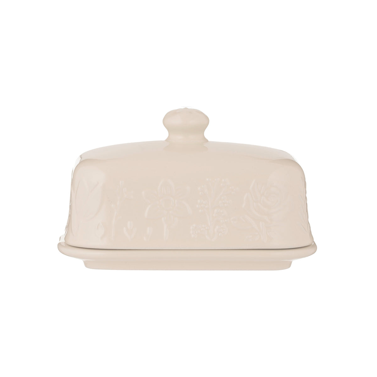 Mason Cash butter dish in In The Meadow design, white ceramic butter container with floral pattern and matching lid.