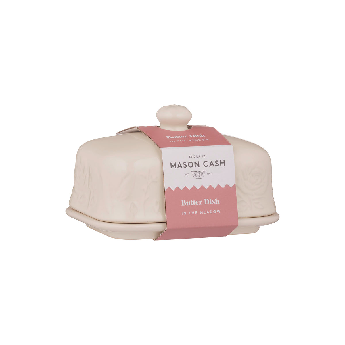 Mason Cash butterdose in white with floral meadow design, ceramic container with lid for storing butter.