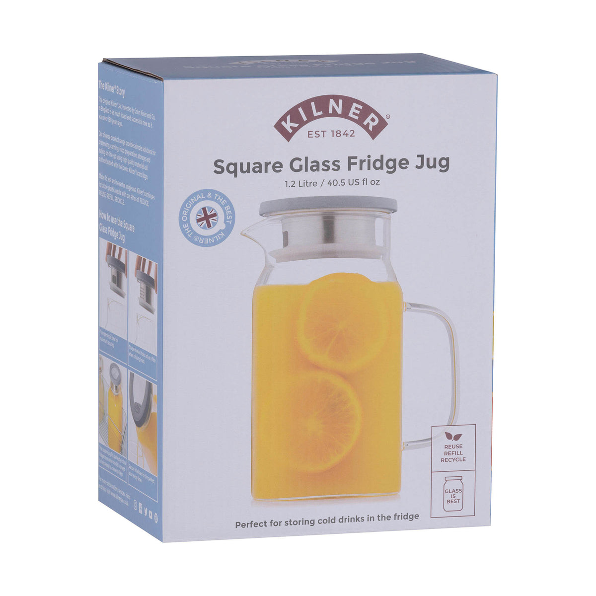 Clear 1.2L KILNER glass jug with handle, showcasing its transparent design and sturdy structure.