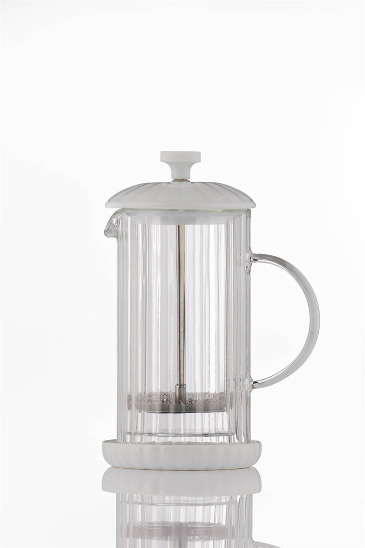 P & K Luxe white French press coffee maker with glass carafe and stainless steel lid, stylish and durable kitchen accessory.
