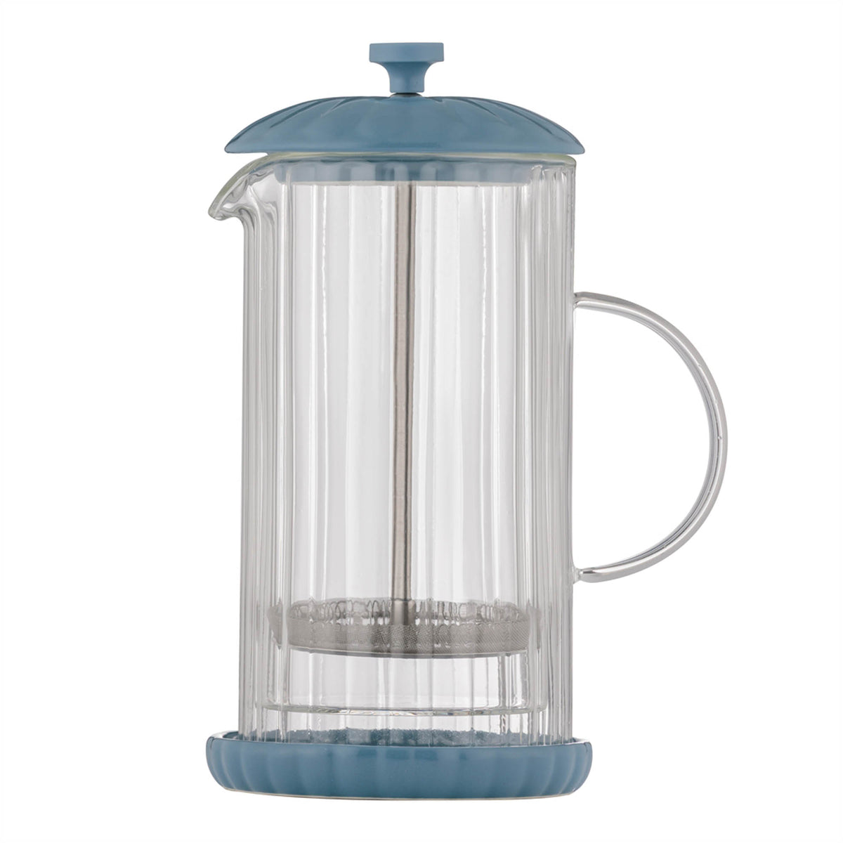 P & K Frenchpress in Taubenblau blue, 1-liter capacity, with glass carafe and stainless steel filter for brewing coffee or tea.