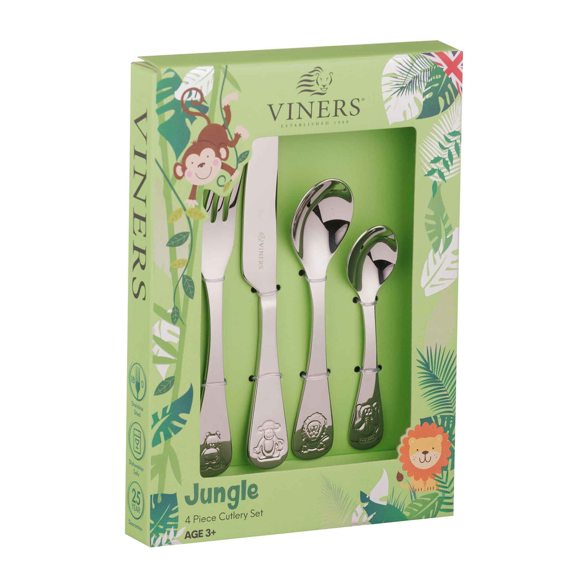 Set of three VINERS stainless steel children's cutlery, including forks and spoons, designed for kids' meals.