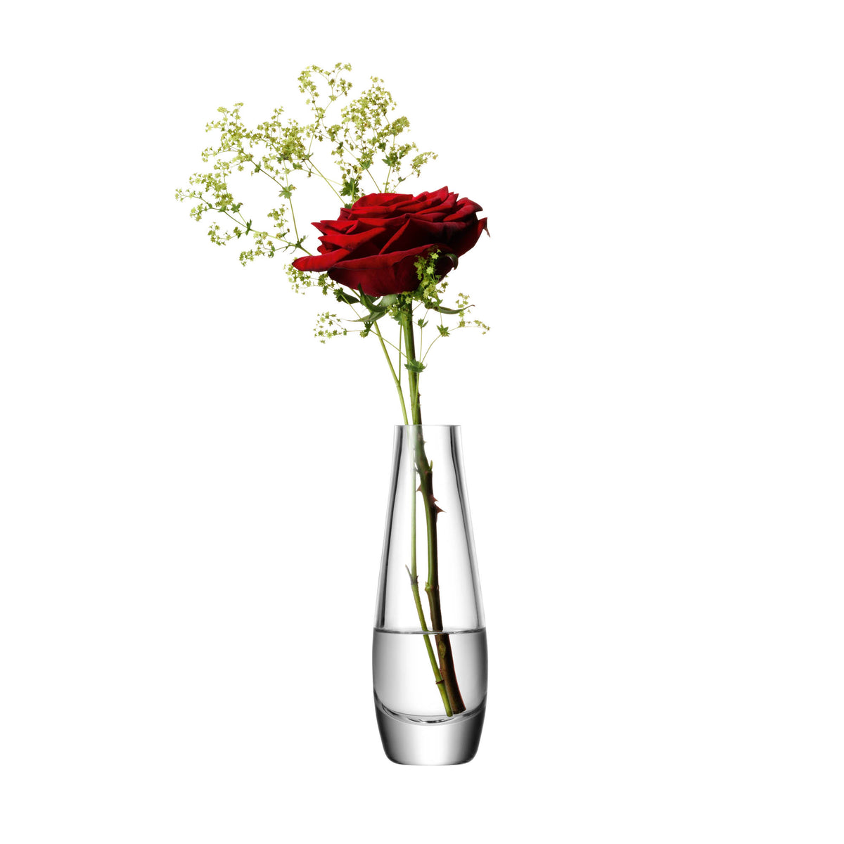 Clear glass LSA Flower single stem vase, 17cm tall, with a sleek, modern design and smooth finish.