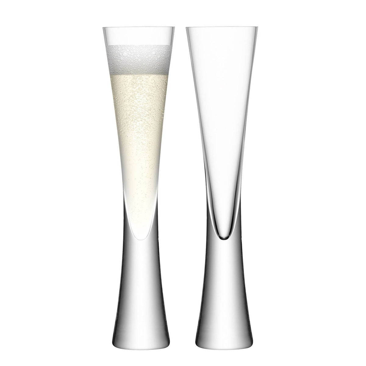 Pair of clear LSA Moya champagne flutes, 170ml, with elegant long stems and rounded bowls for sparkling wine.