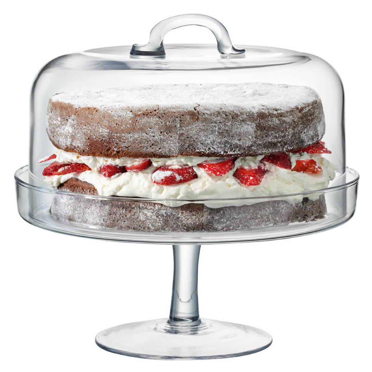 Clear glass cake stand and dome by LSA, 26.5cm diameter, with a decorative pedestal base and transparent cover for serving desserts.