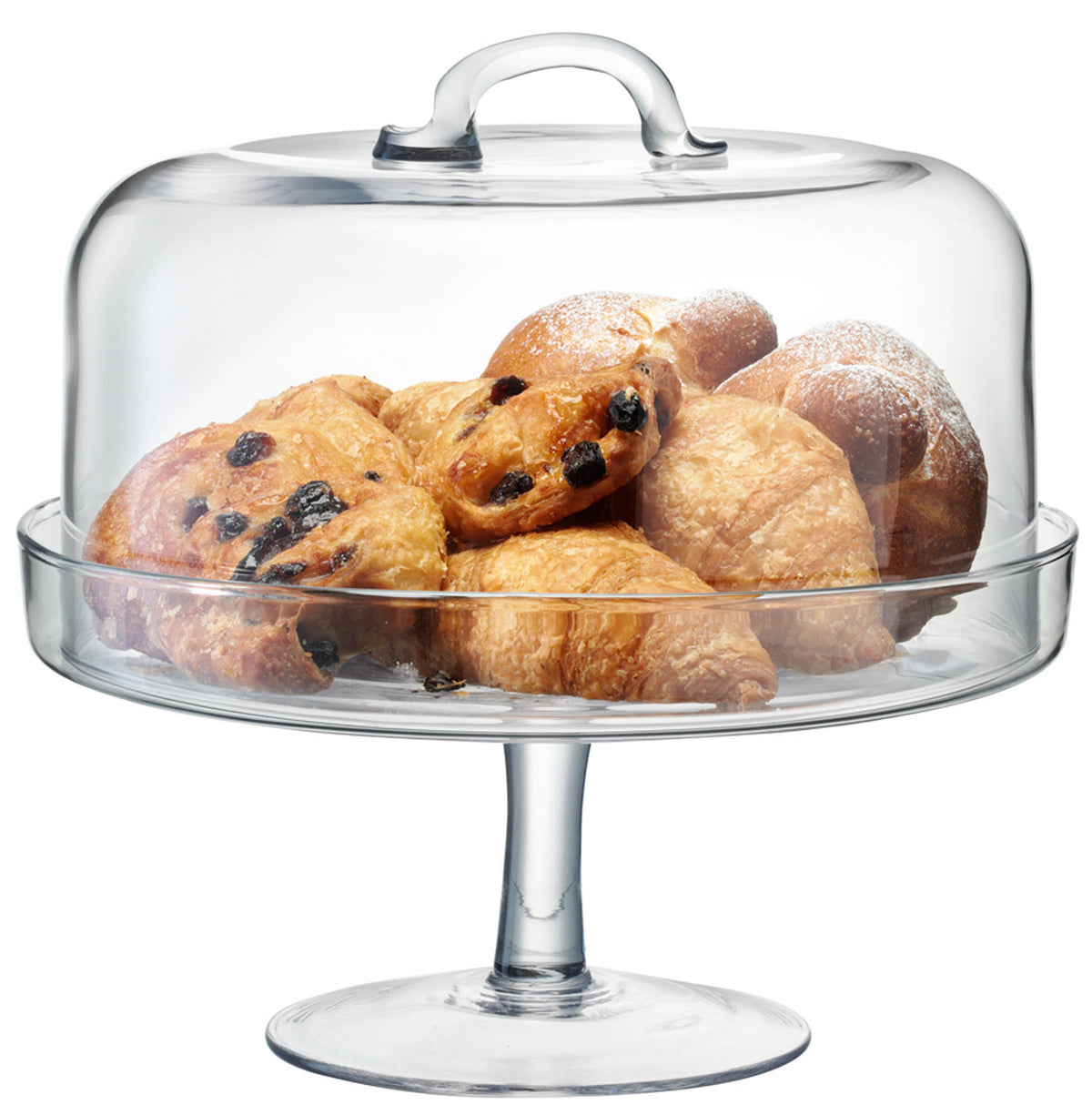 Clear glass serve cakestand with dome, LSA brand, 26.5cm diameter, showcasing a stylish cake presentation.