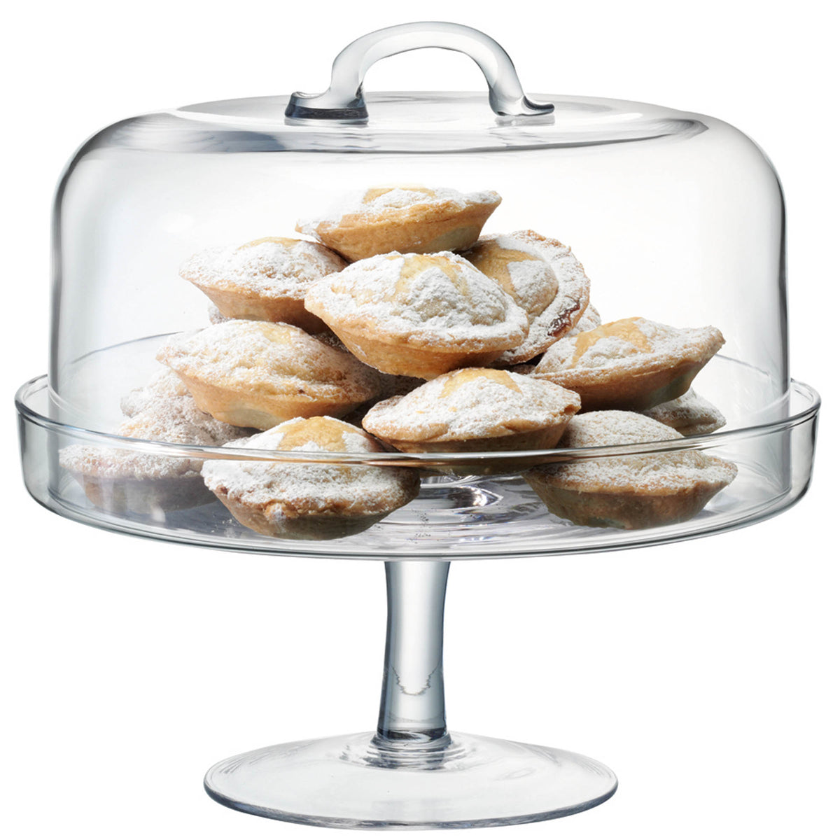 Clear LSA serve cakestand with dome, 26.5cm and 25cm diameter, perfect for displaying cakes and desserts.