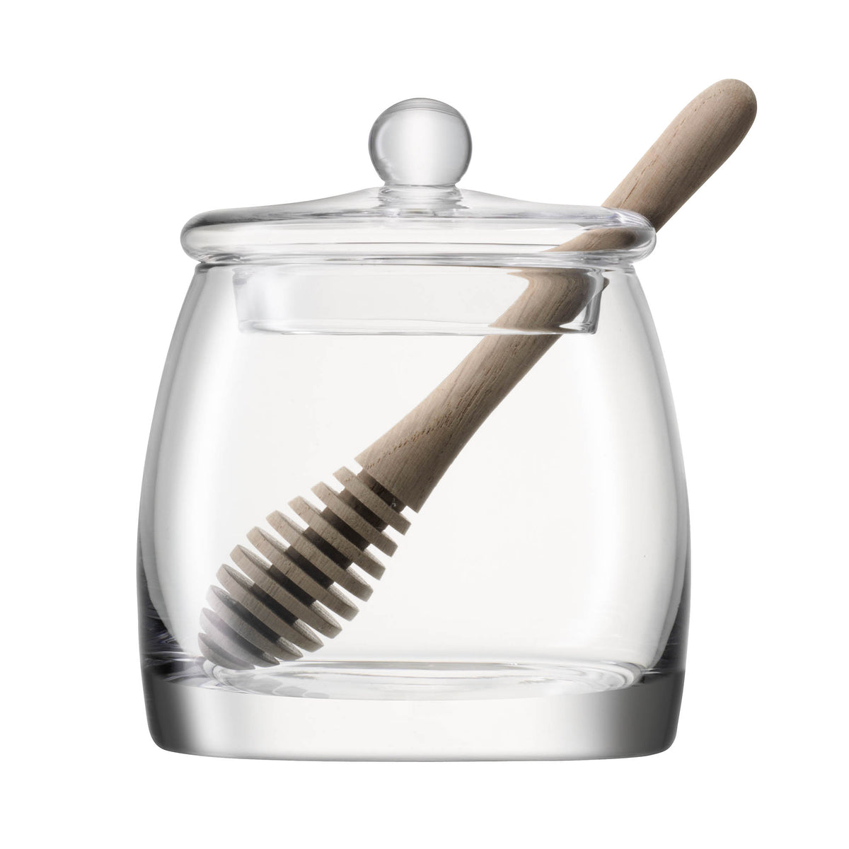 Clear LSA honey pot with wooden dipper, 12.5cm tall, featuring a sleek glass design for serving honey.