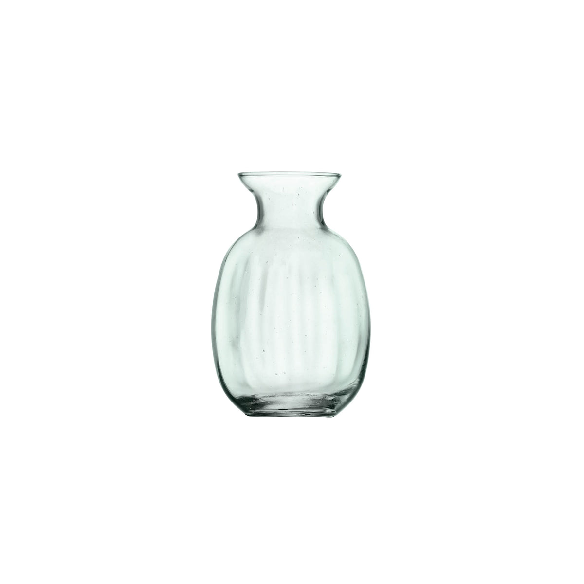 Set of three LSA Mia Mini Vases in recycled glass with optic design, each approximately 11cm tall, perfect for small floral arrangements.