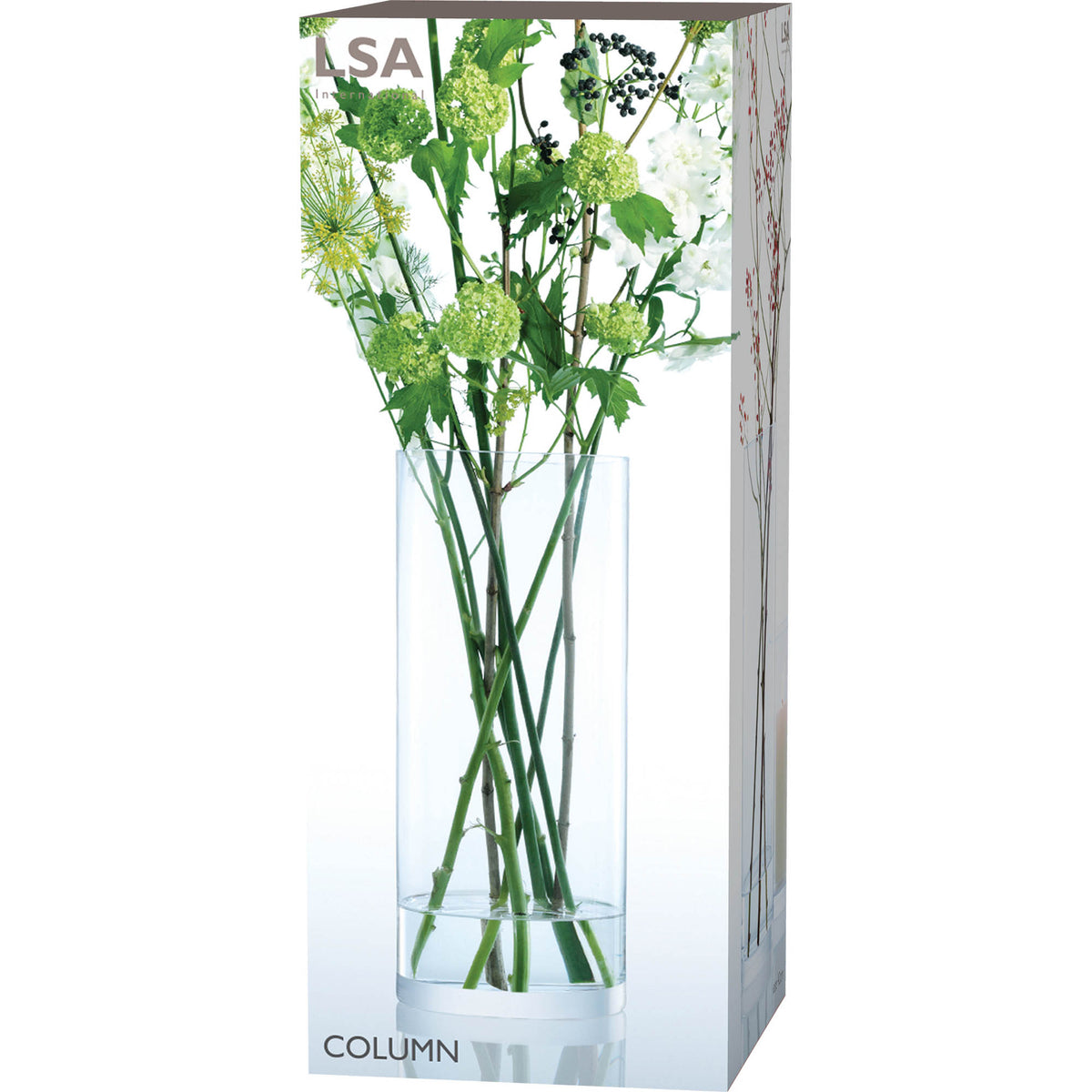 Clear LSA column vase, 42cm tall with an 18cm diameter, showcasing sleek design and transparent glass for floral arrangements.