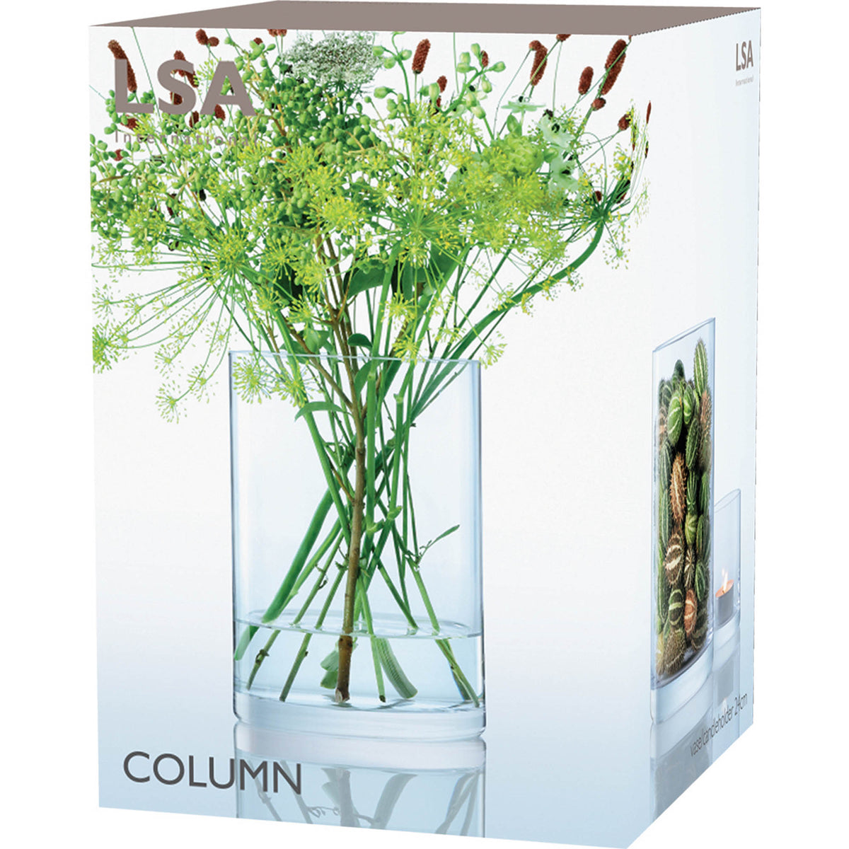 Clear LSA column vase or candleholder, H24cm and 17cm diameter, with sleek cylindrical design and transparent glass finish.