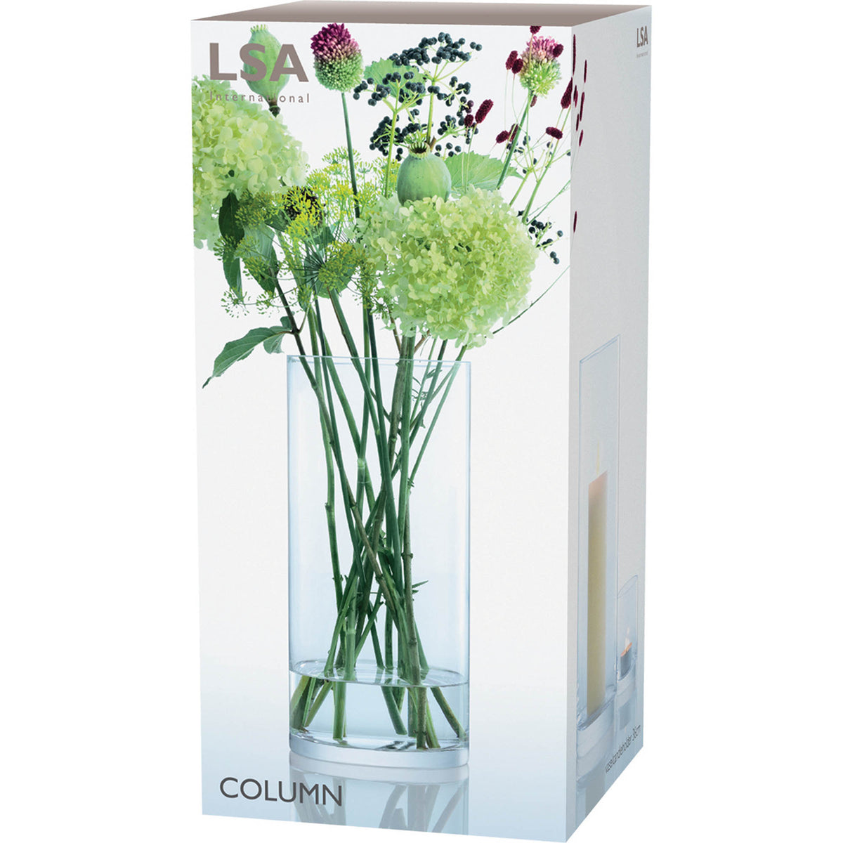 Clear LSA column vase or candleholder, 36cm tall with 17cm diameter, featuring sleek cylindrical design and transparent glass finish.