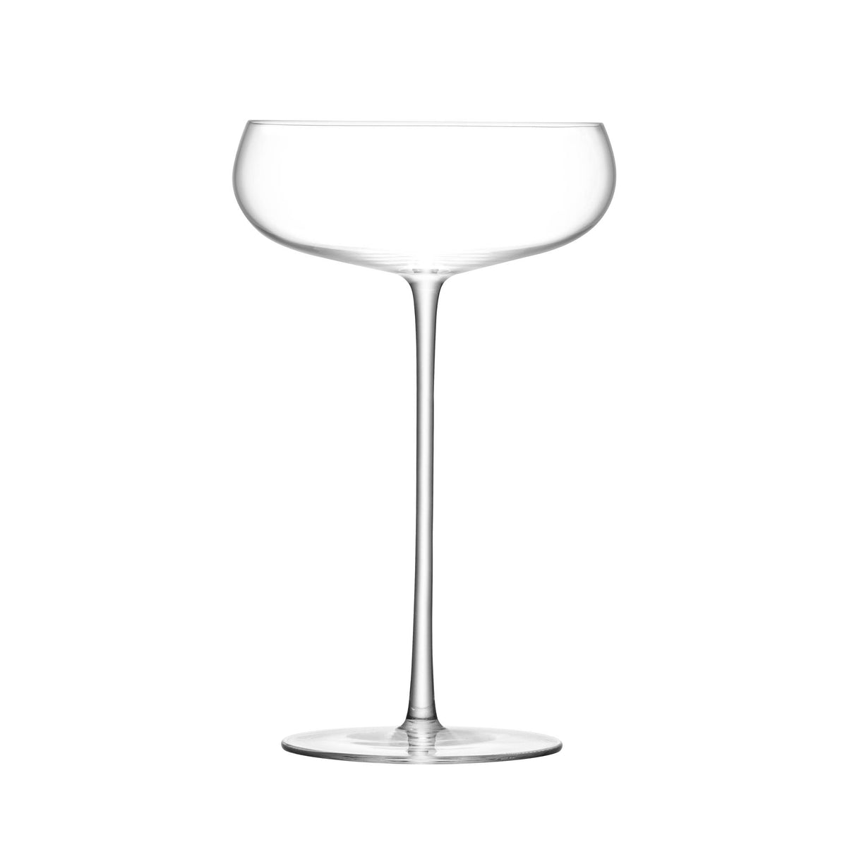 Pair of clear LSA Wine Culture Champagne saucers, 320ml, elegant glassware for sparkling wine.