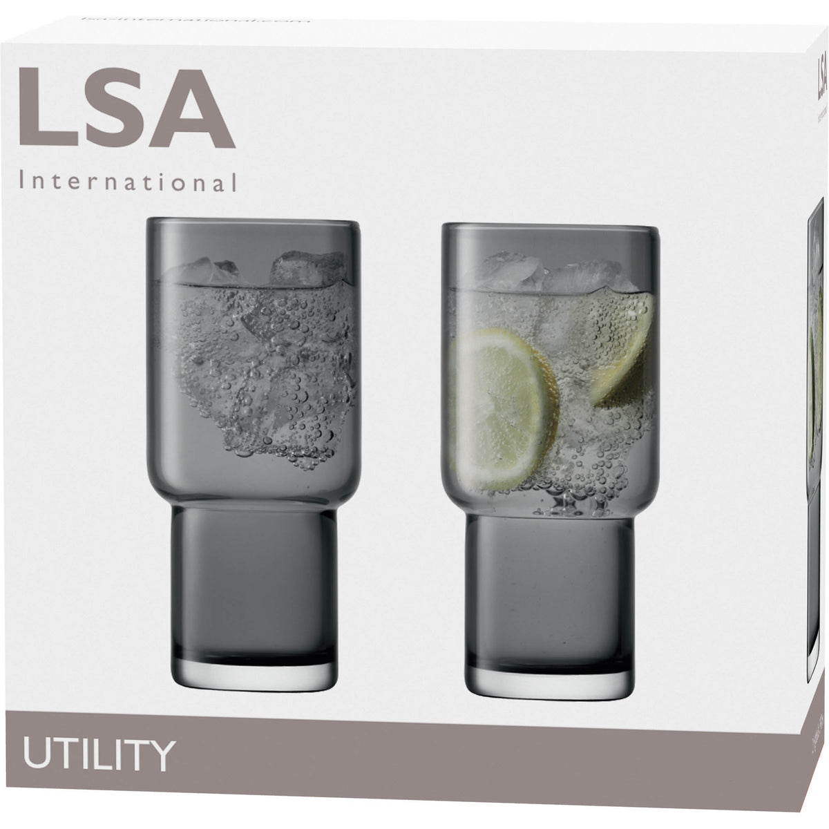Two LSA Utility Highball glasses in slate color, 390ml capacity, perfect for long drinks, shown on a plain background.