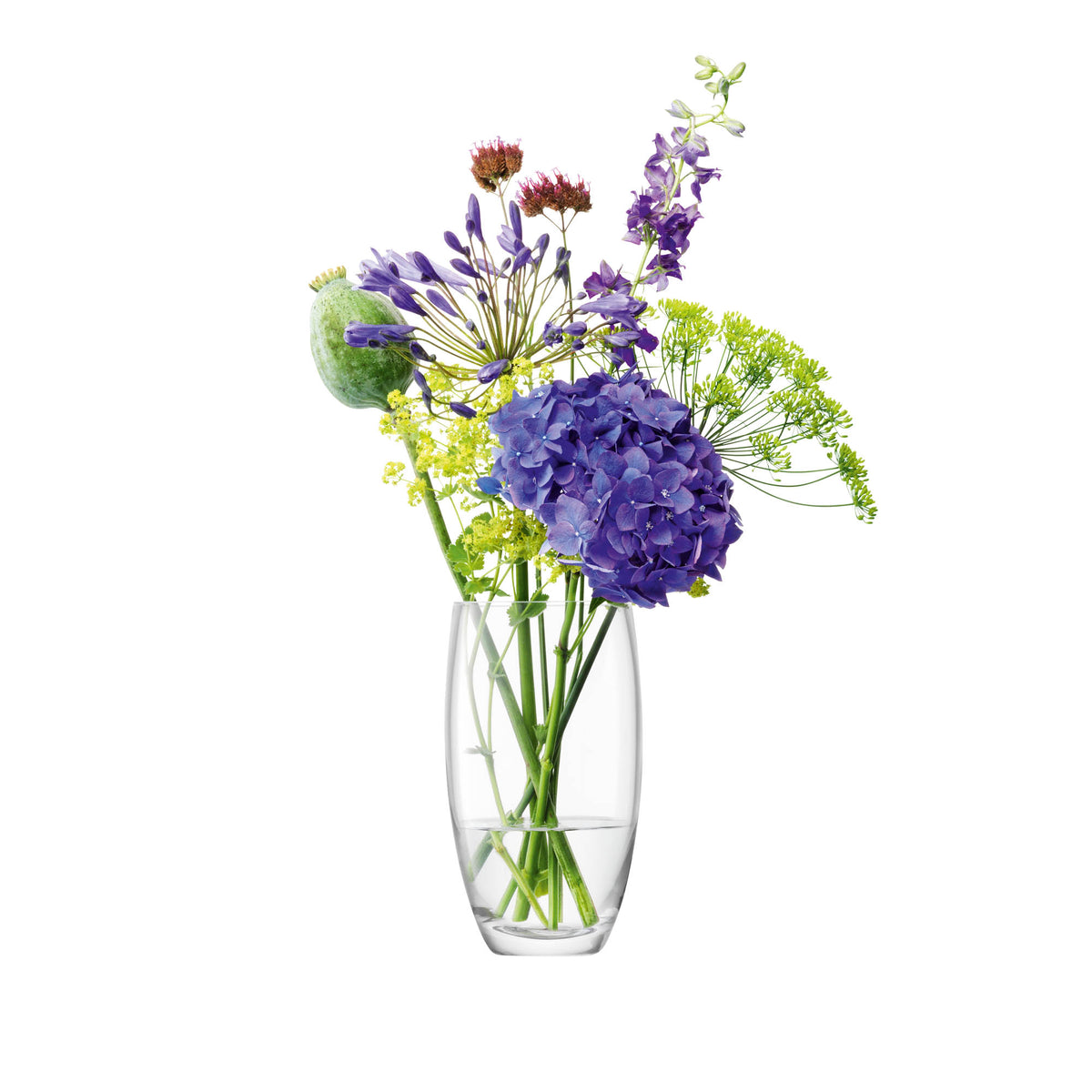 Clear glass LSA Flower Barrel bouquet vase, 20cm tall with a rounded design, ideal for floral arrangements.