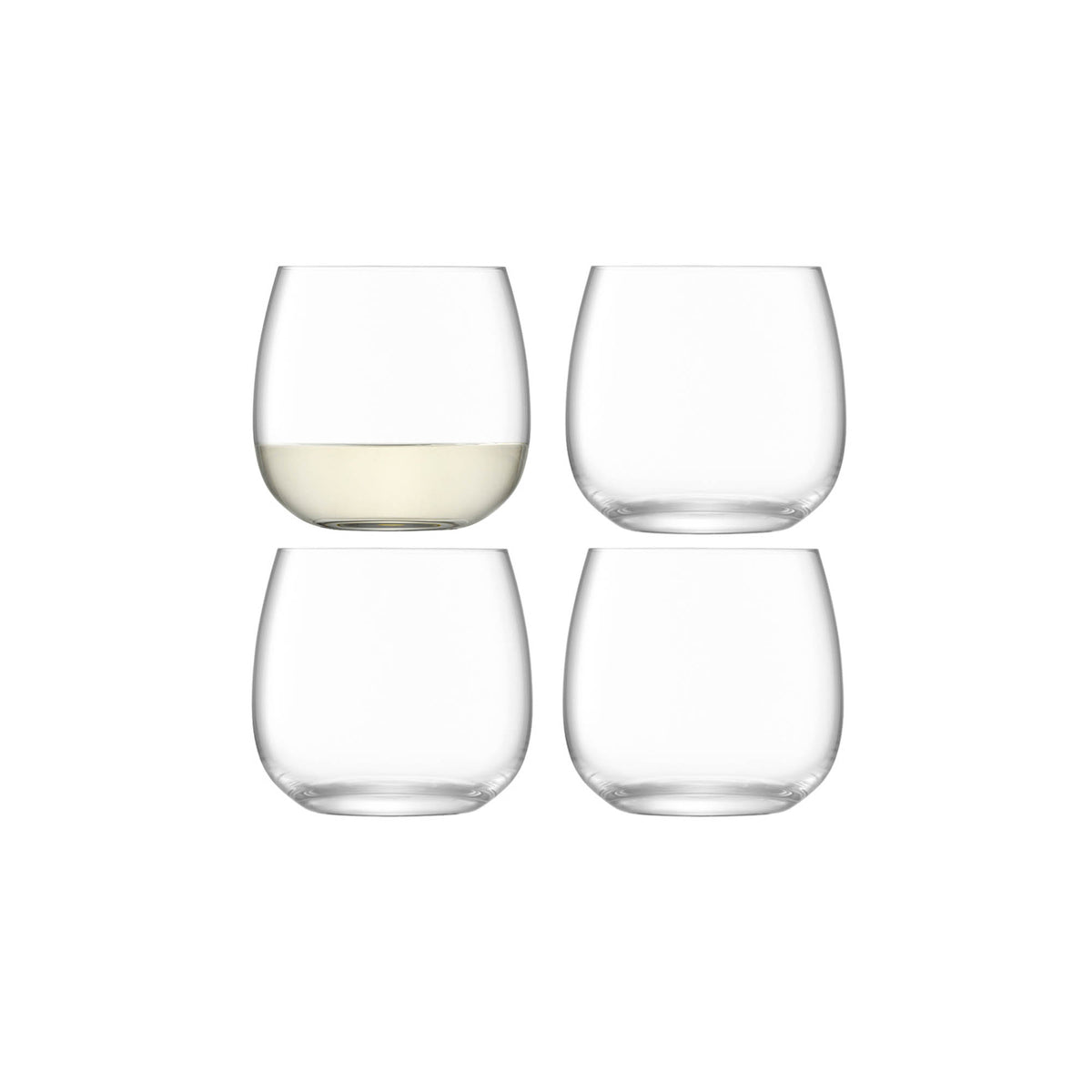 Set of four clear LSA Borough stemless wine glasses, 370ml capacity, showcasing modern design and transparent glass.