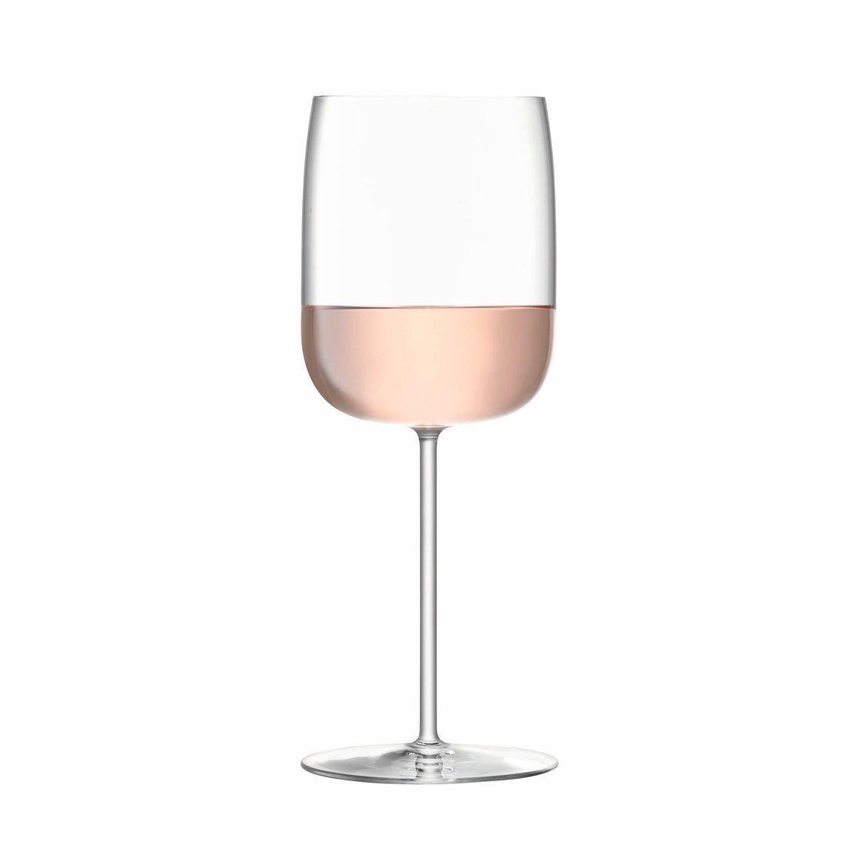 Set of four LSA Borough wine glasses, 380ml clear glass, elegant stemware for red and white wines on a white background.