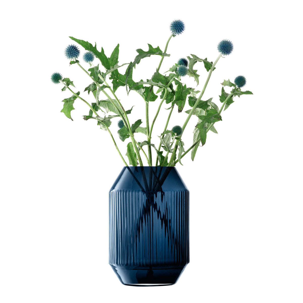LSA Rotunda Lantern Vase in sapphire blue glass, 26cm tall, with smooth rounded shape and decorative design.