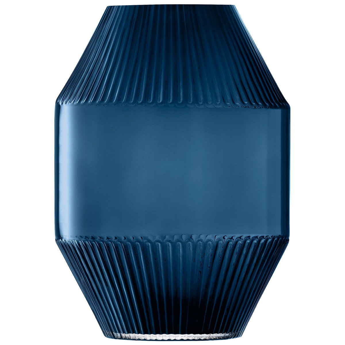 LSA Rotunda vase in sapphire glass, 37cm tall, showcasing a sleek, rounded design with a smooth finish.