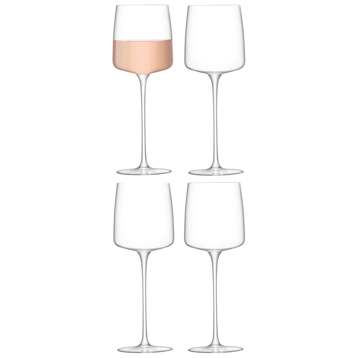 Set of four clear LSA Metropolitan wine glasses, 350ml capacity, showcasing elegant design for serving wine.