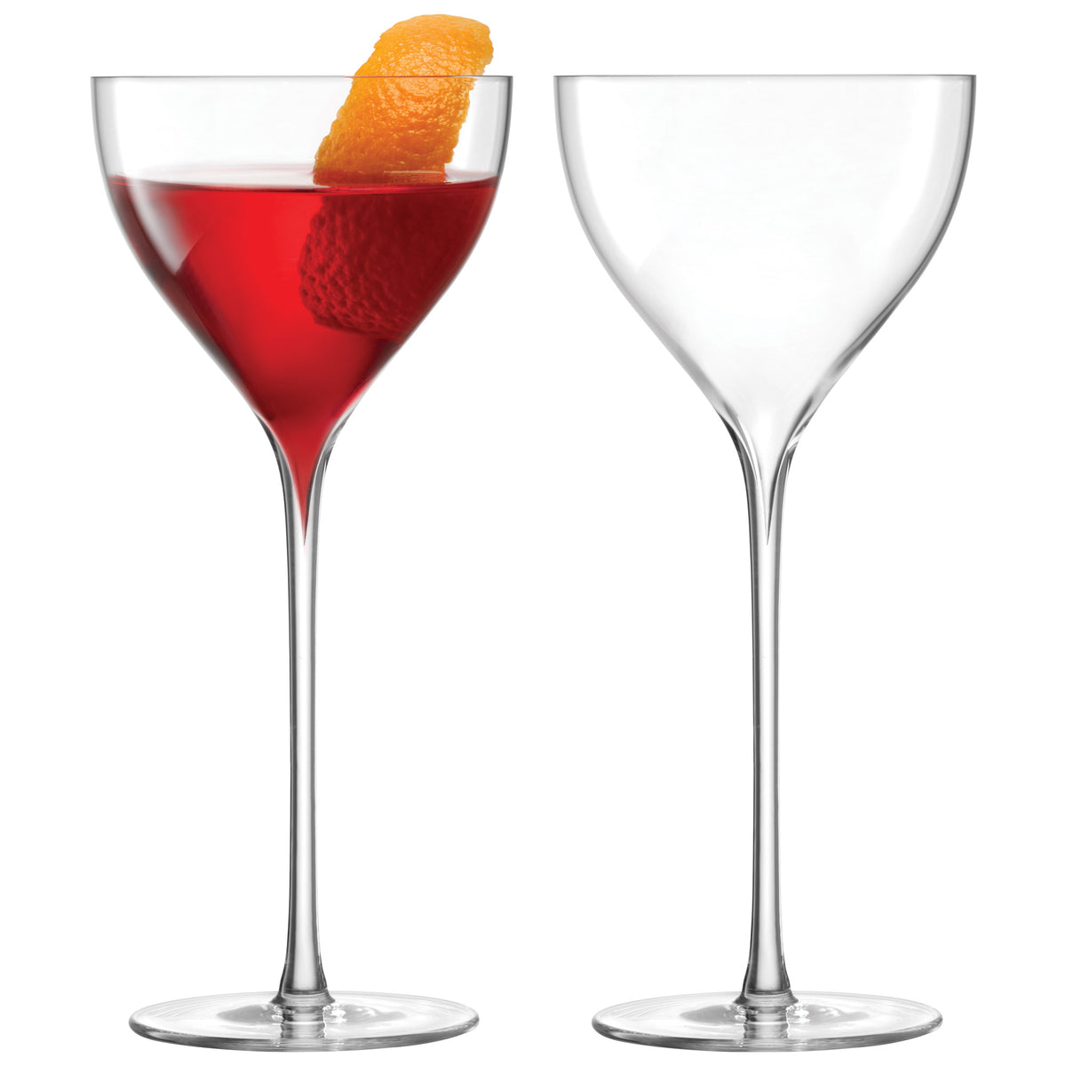 Two clear LSA Savoy cocktail glasses with 210ml capacity, featuring elegant design, set for serving cocktails.