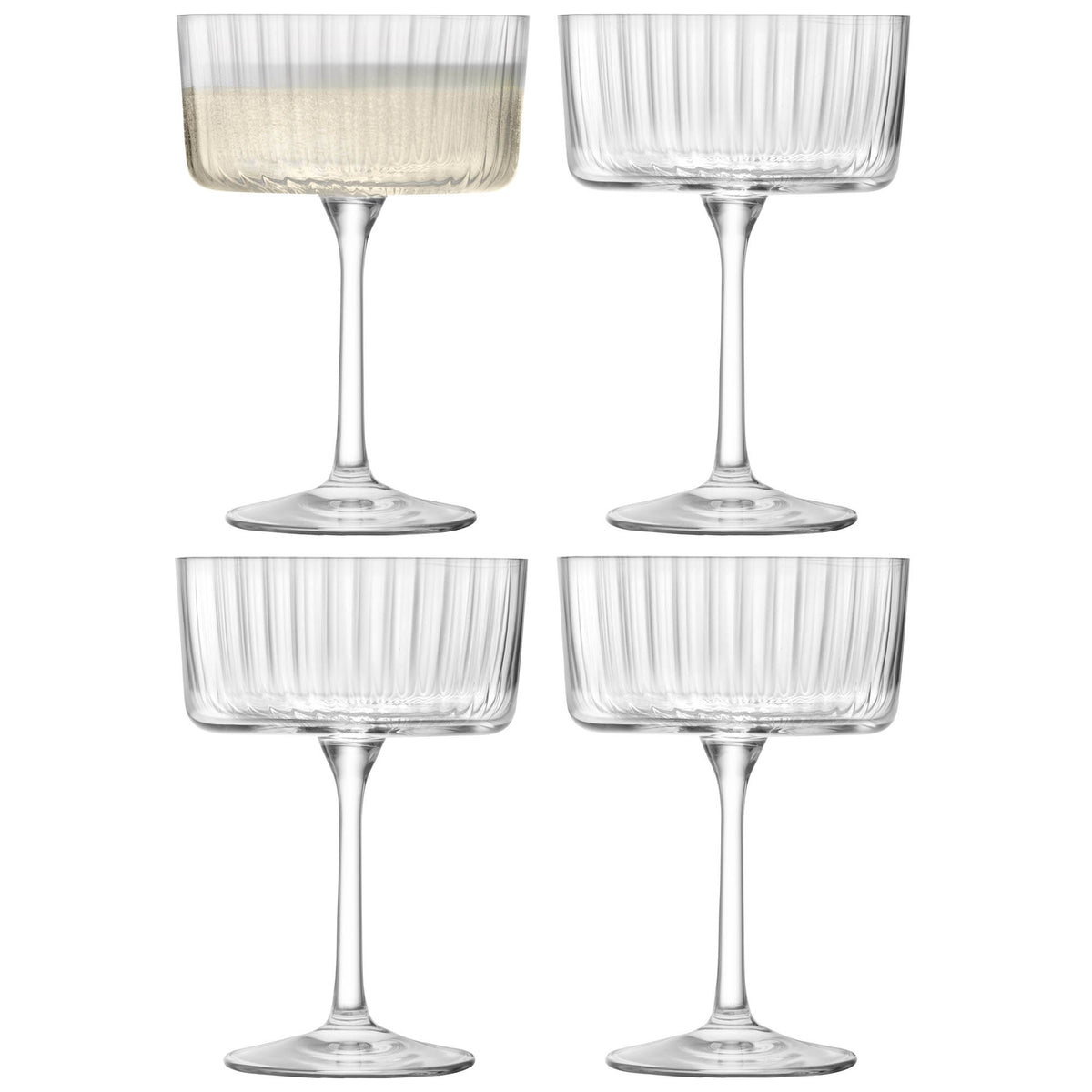 Set of four clear LSA Gio Line champagne glasses, 230ml cocktail glasses for elegant drinking.
