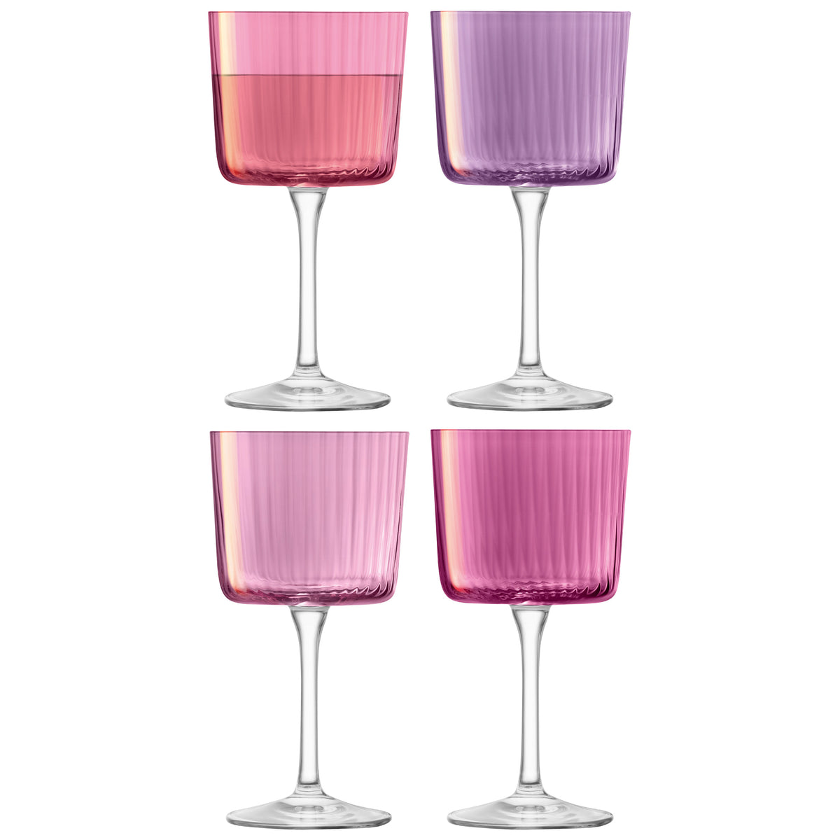 Set of four LSA GEMS berry-shaped wine glasses with clear glass, designed for elegant wine drinking.