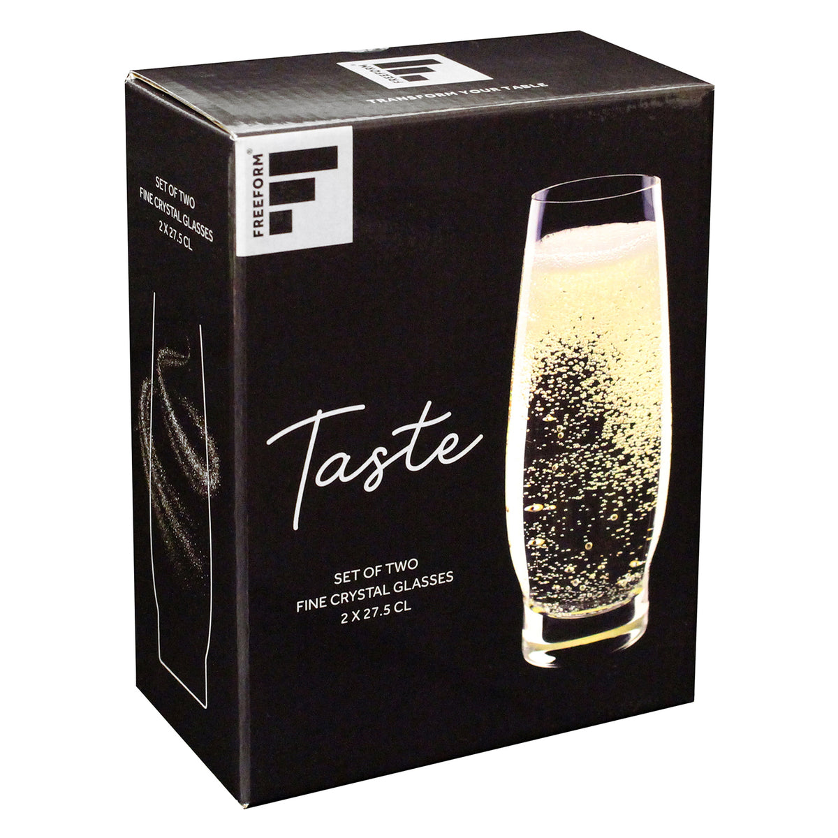 Set of two clear FREEFORM Sekt-Glas champagne flutes, 275 ml capacity, with elegant elongated shape.
