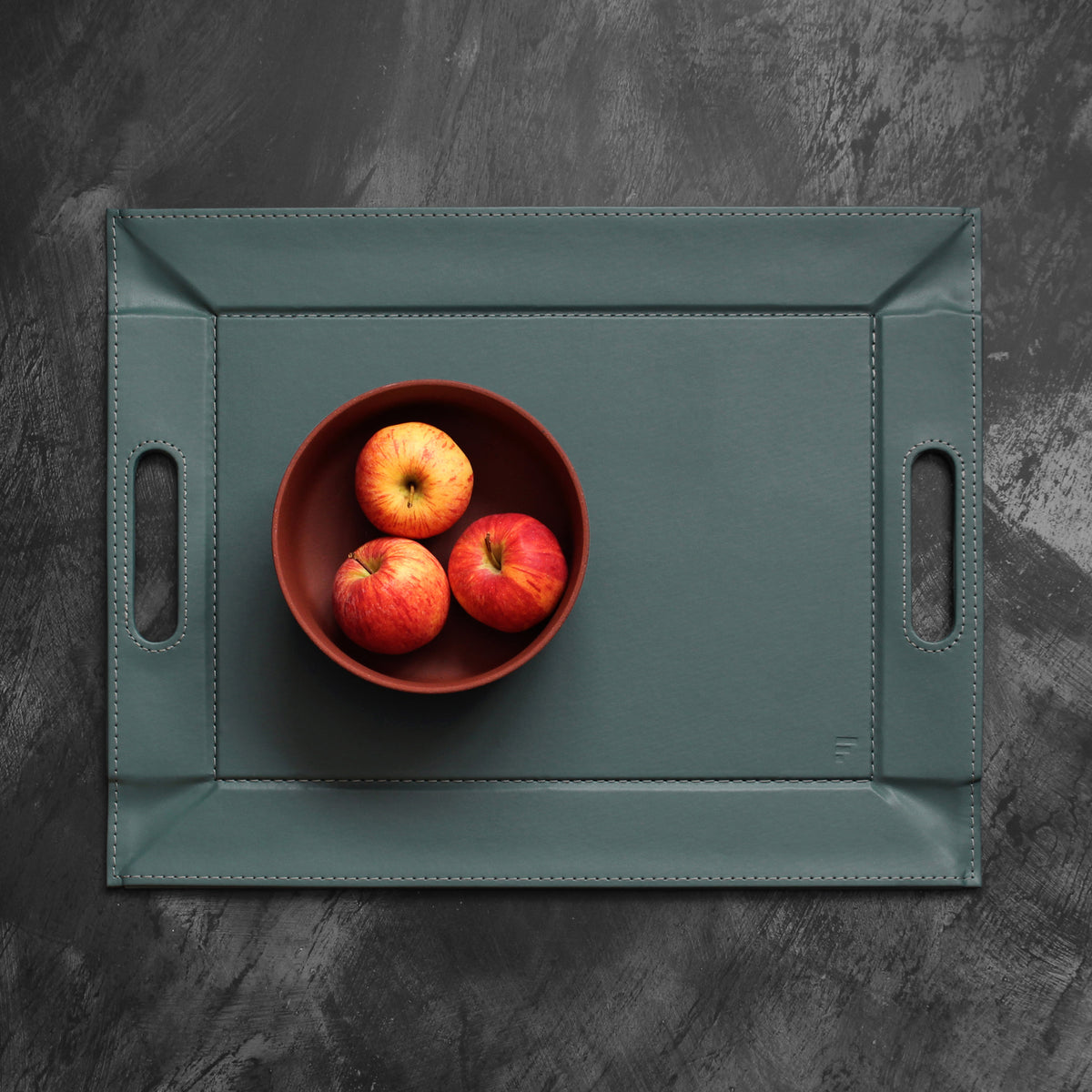 Freeform Wendetablett 2in1 Tablett and Tischset in petrol and anthracite, small size, showing dual-sided design with handles.