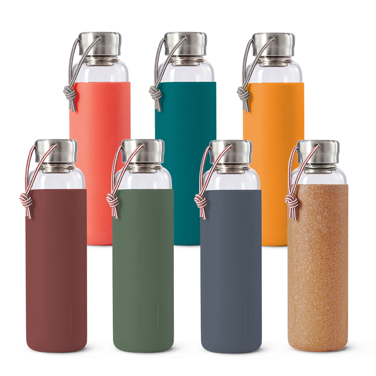 BLACK+BLUM TO-GO Glas Trinkflasche in Ozean, 600 ml, with clear glass body and black screw-top lid for on-the-go hydration.