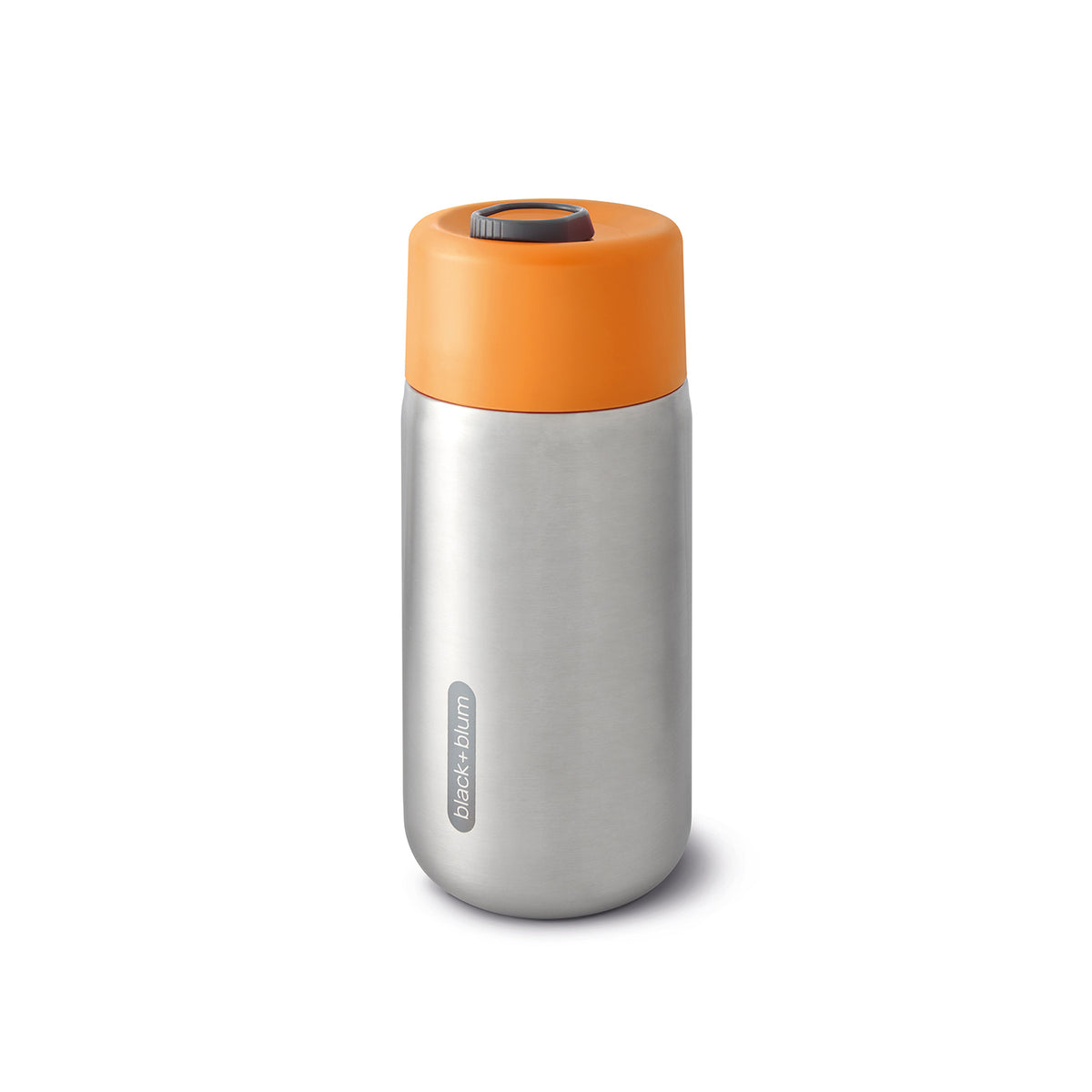 BLACK+BLUM orange 340ml thermobecher with lid, designed for hot beverages, featuring a sleek, portable travel mug style.