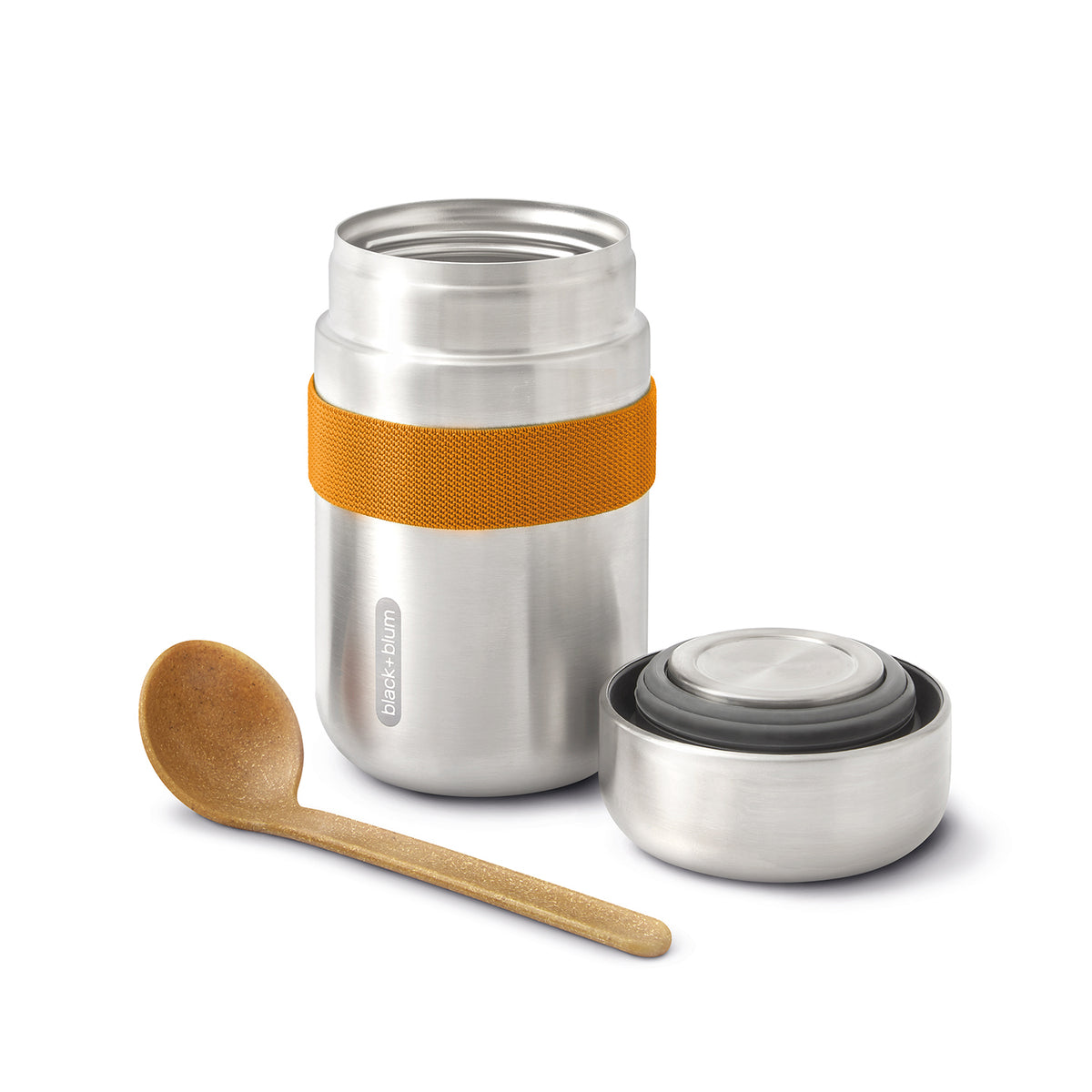 Black+Blum orange lunchbecher food flask with a sleek design and secure lid, ideal for carrying meals on the go.