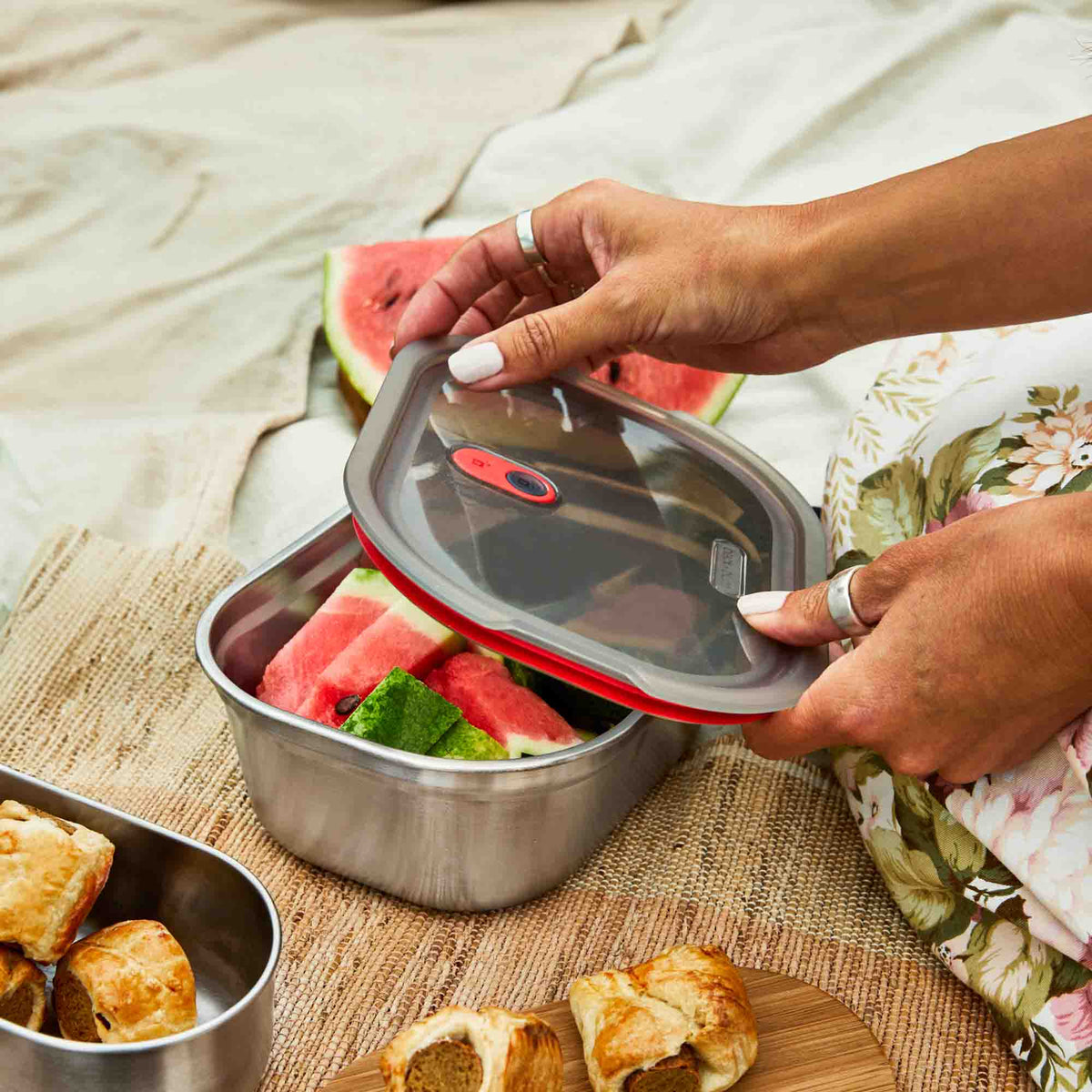 Black+Blum stainless steel rectangular multifunctional storage container with secure lid, ideal for kitchen organization.