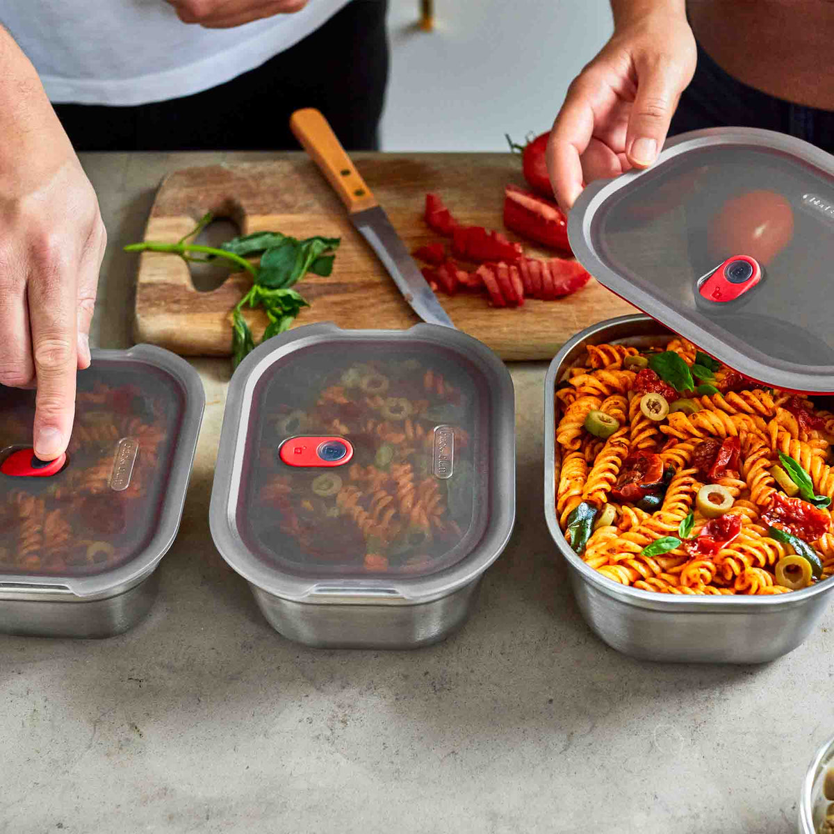Black+Blum stainless steel rectangular multifunction storage tin with lid, ideal for kitchen organization.