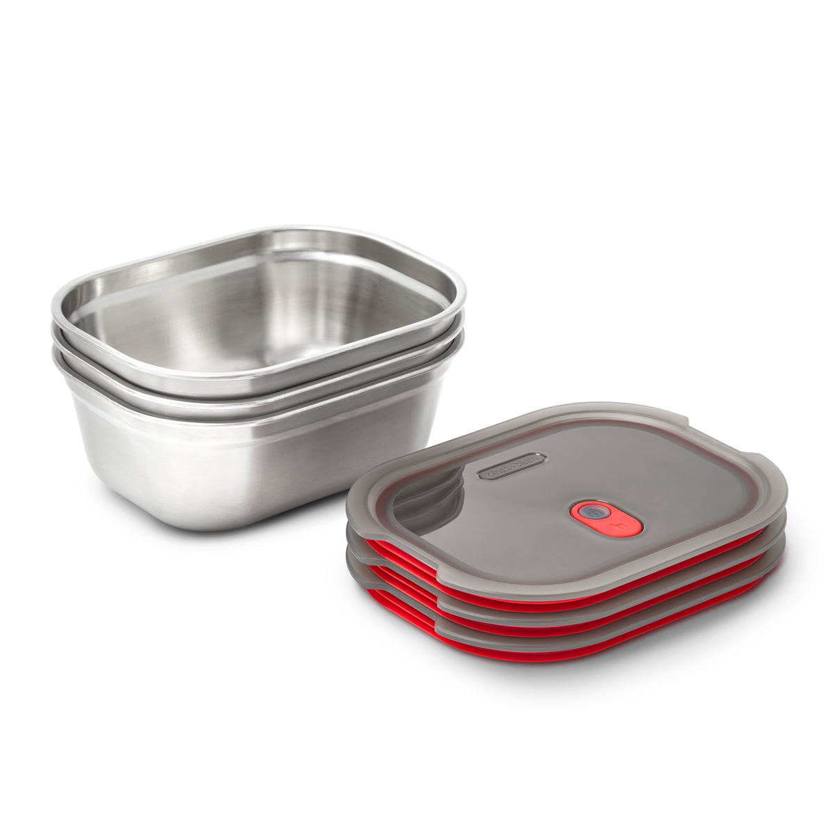 BLACK+BLUM stainless steel multifunction storage containers, 3-piece set, with secure lids for versatile kitchen organization.