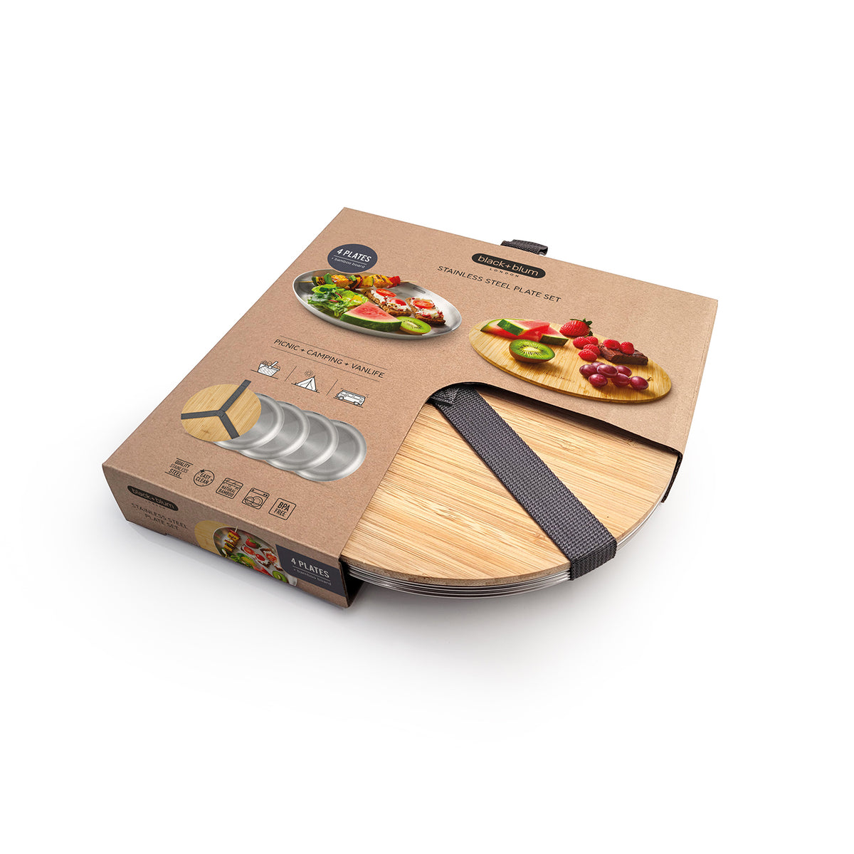 Set of four BLACK+BLUM PICKNICK stainless steel plates, durable outdoor dinnerware with sleek black finish.