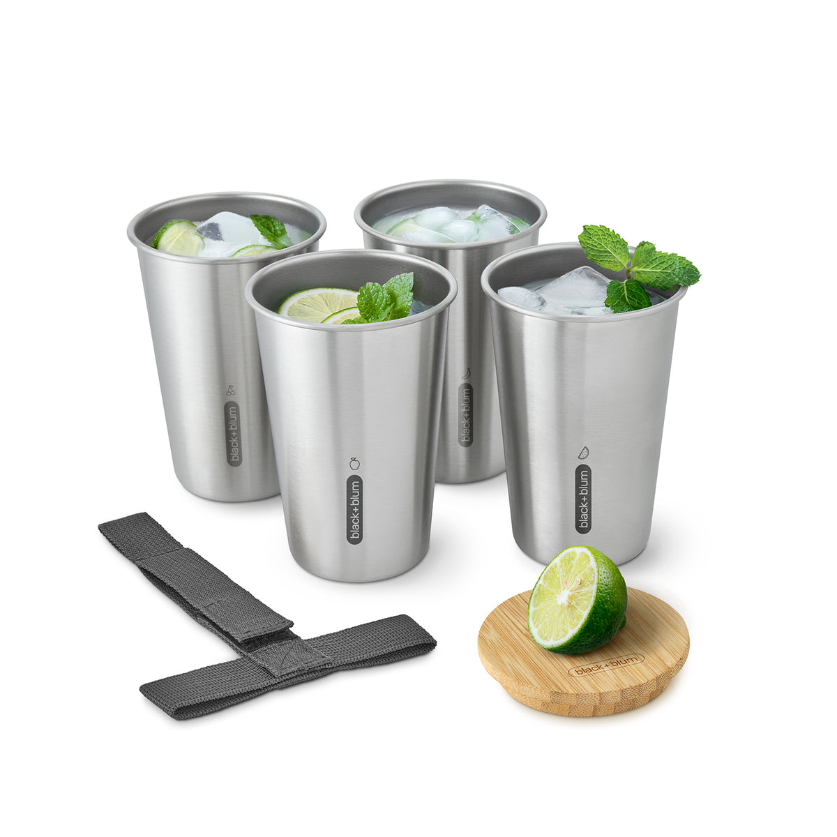 BLACK+BLUM stainless steel Becher-Set for to-go lunch, includes four durable, eco-friendly travel cups in a sleek design.