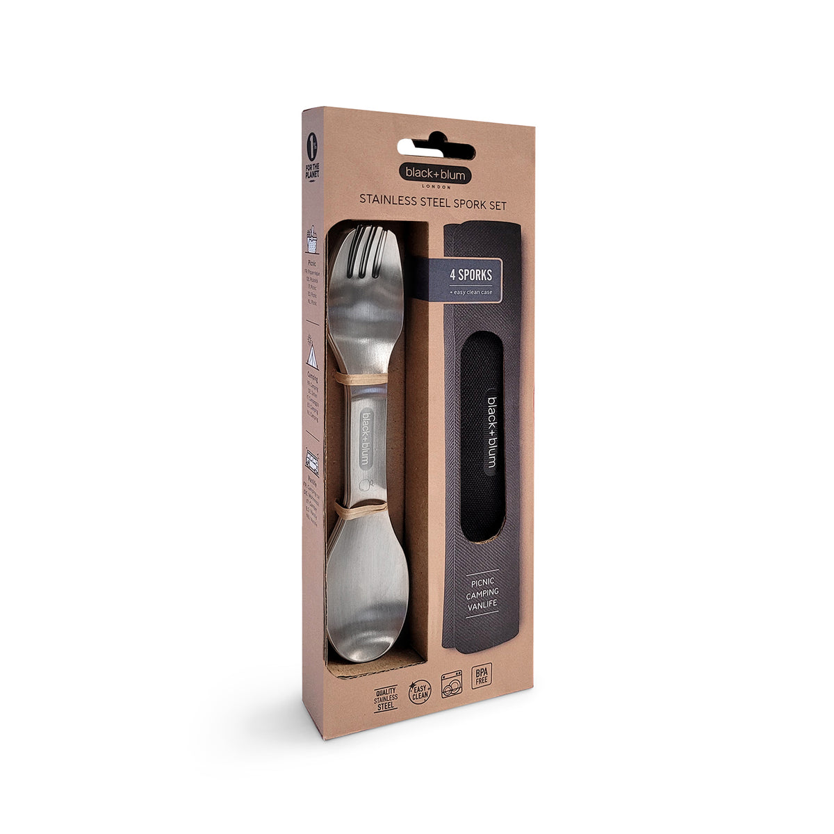 BLACK+BLUM Göffel set with four stainless steel sporks for to-go lunches, featuring sleek, durable design.