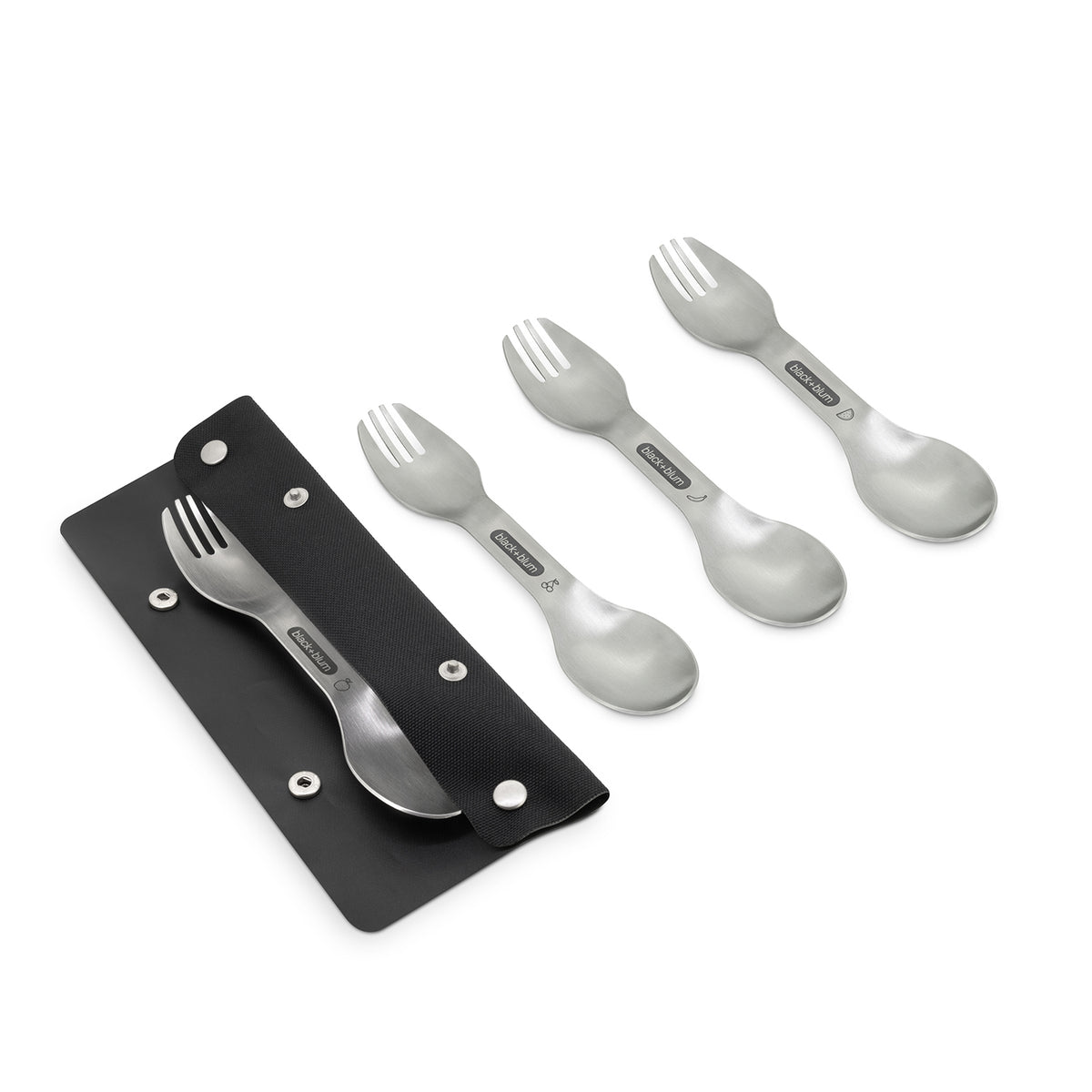 BLACK+BLUM Göffel set with four stainless steel sporks for to-go lunch, featuring a sleek, modern design.